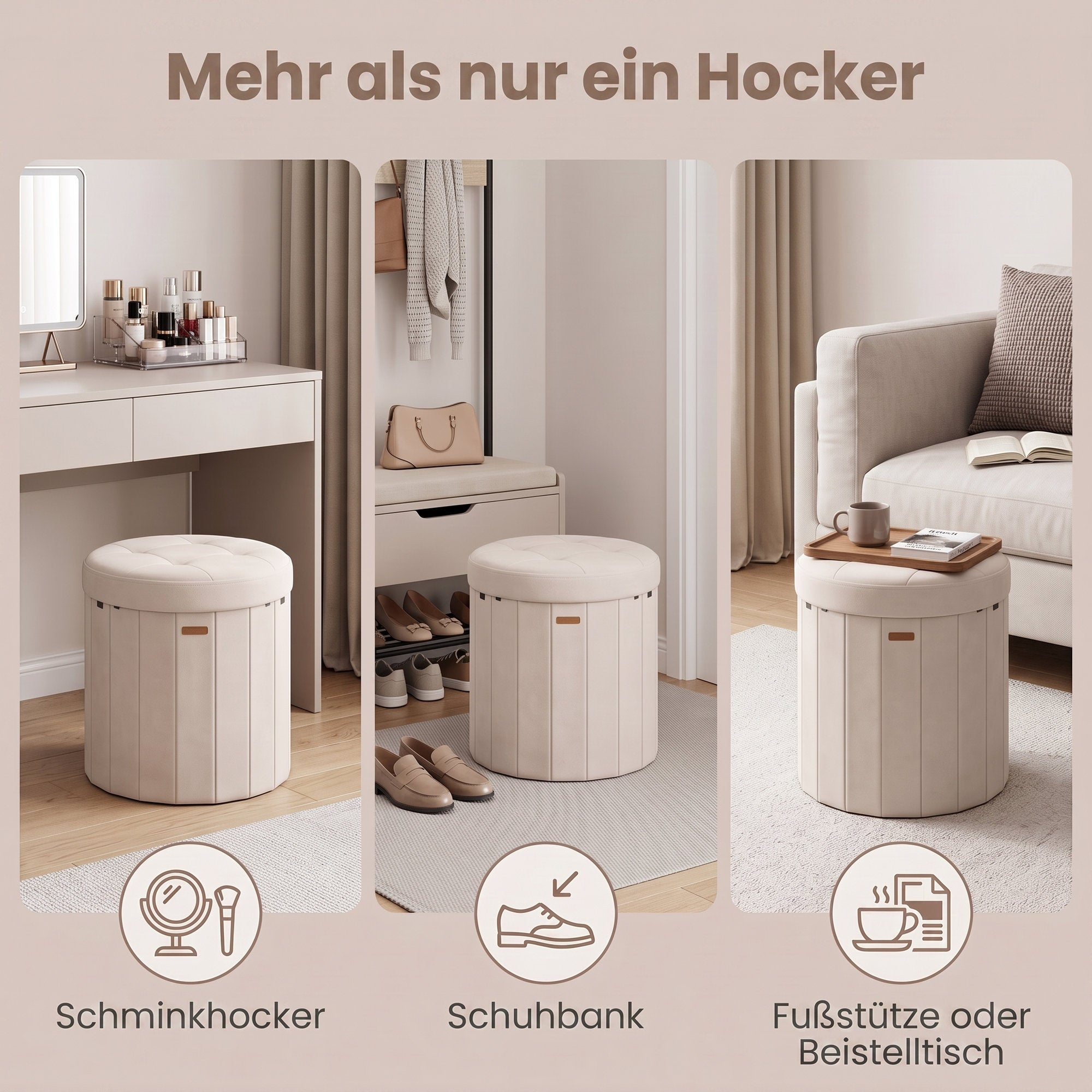 Runder Sitzhocker - Klappbarer Pouf Mit Stauraum - Mit Abnehmbarem Deckel