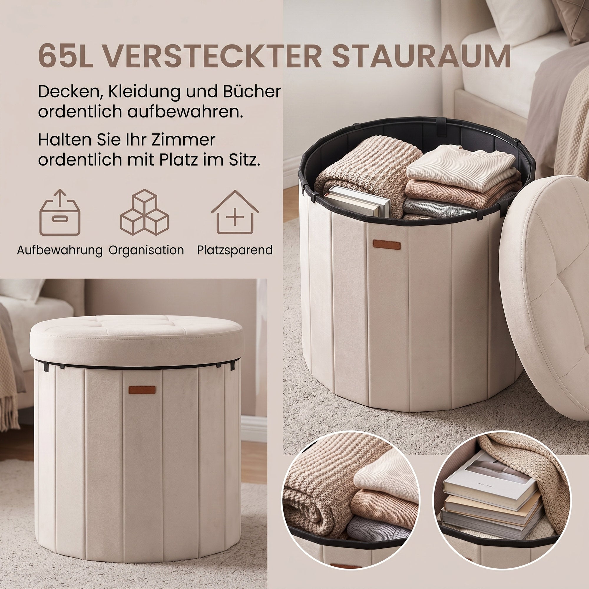 Runder Sitzhocker - Klappbarer Pouf Mit Stauraum - Mit Abnehmbarem Deckel