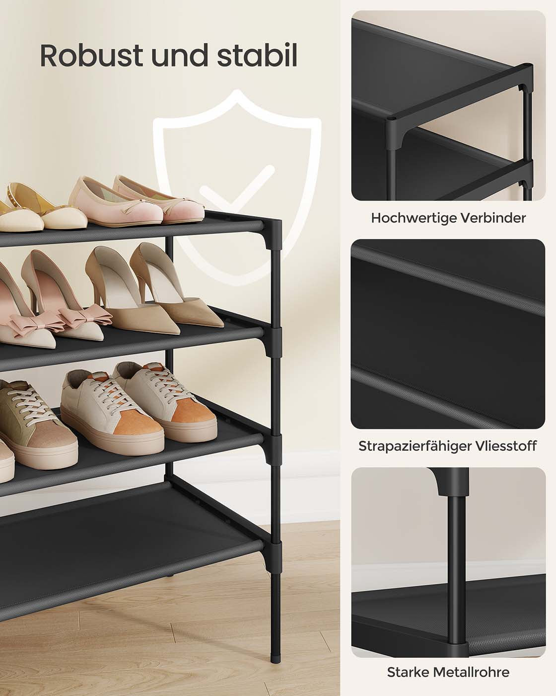 Schuhregal – Metall & Fleece – Stapelbar – Einfache Montage – Platzsparendes Design