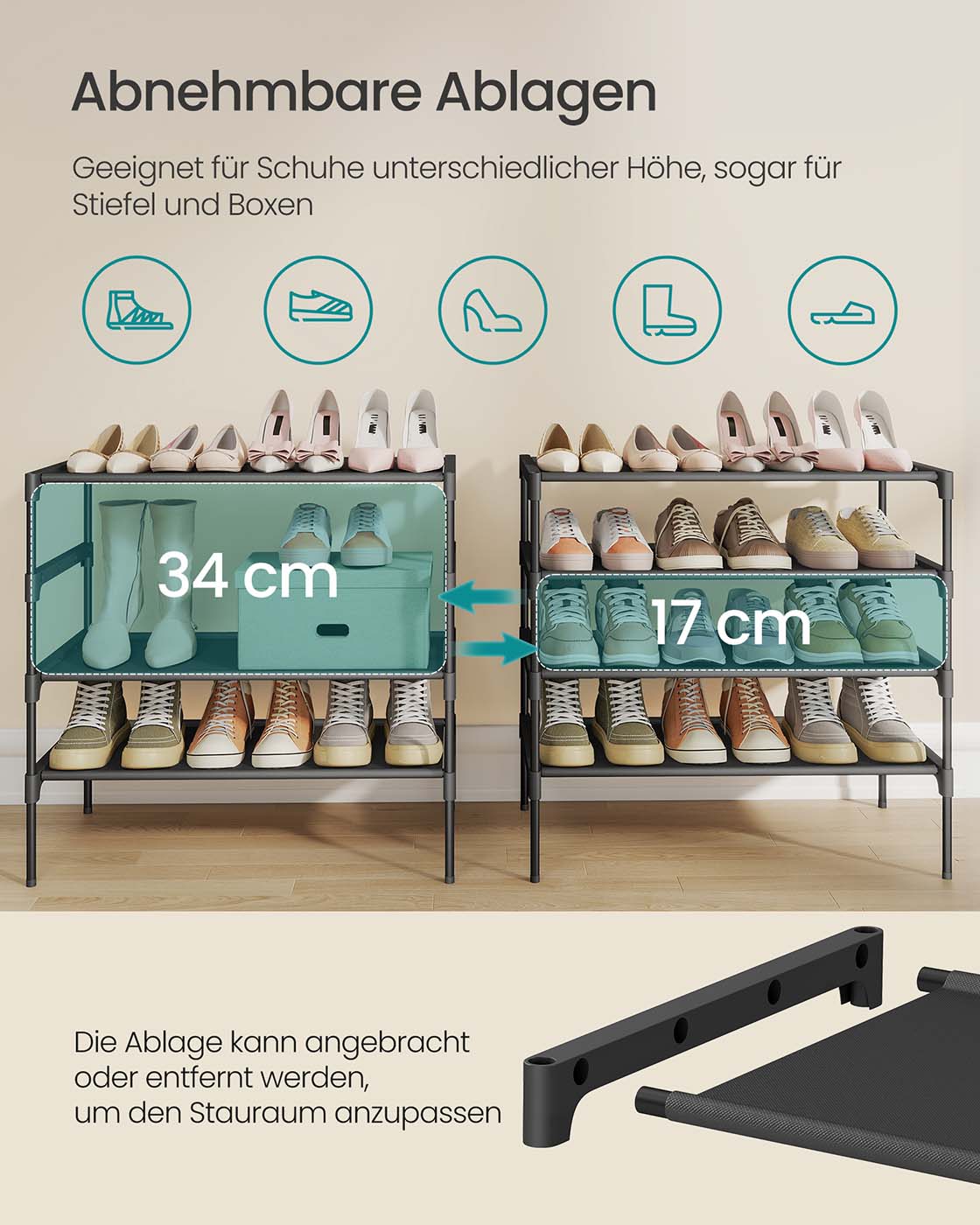 Schuhregal – Metall & Fleece – Stapelbar – Einfache Montage – Platzsparendes Design