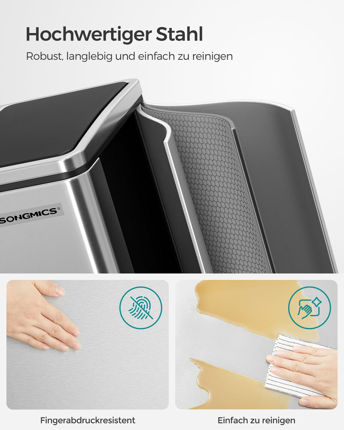 Doppel-Treteimer 2 x 15 L – Mülltrennung mit Softclose – Edelstahl-Abfalleimer mit Inneneimern