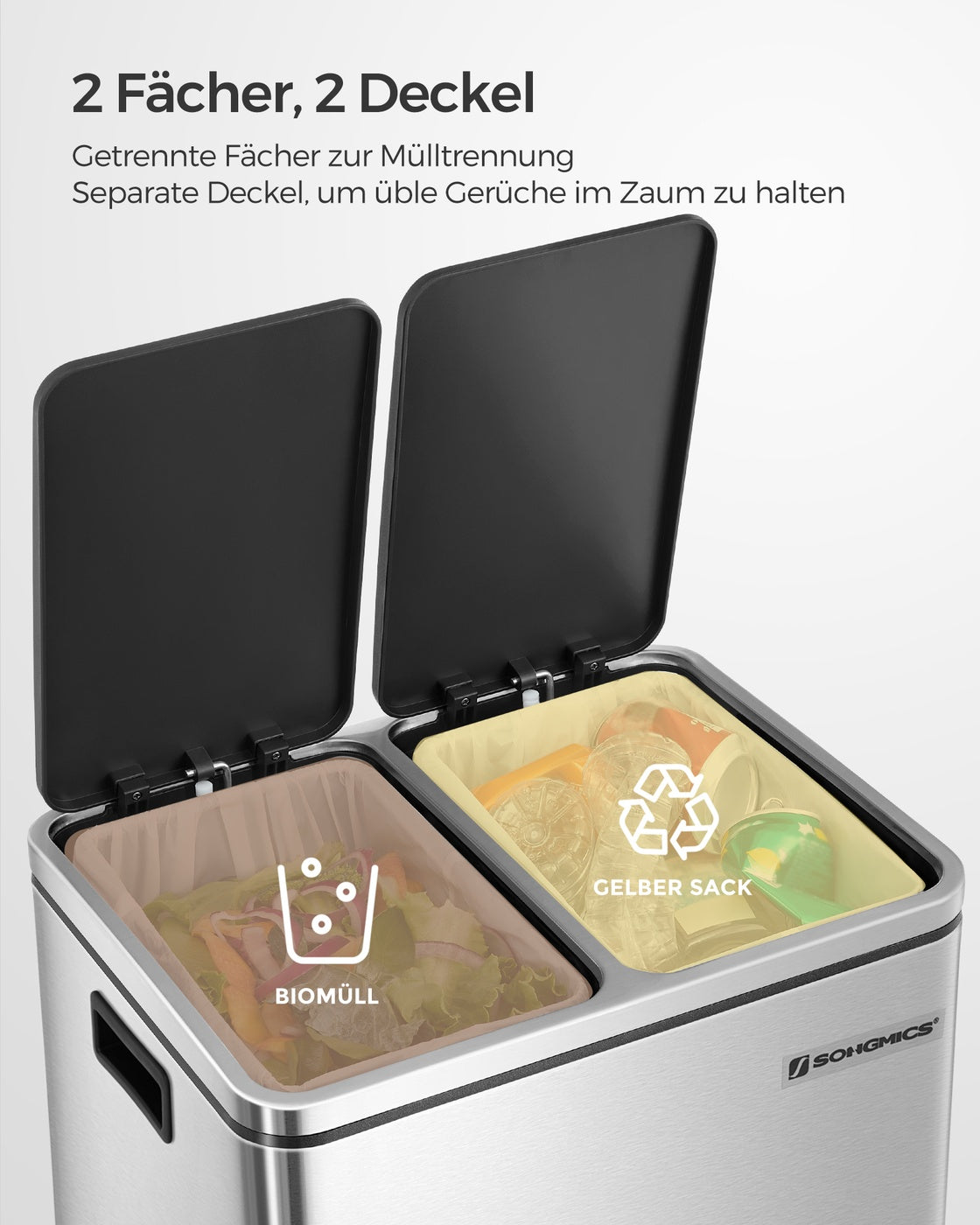 Doppel-Treteimer 2 x 15 L – Mülltrennung mit Softclose – Edelstahl-Abfalleimer mit Inneneimern