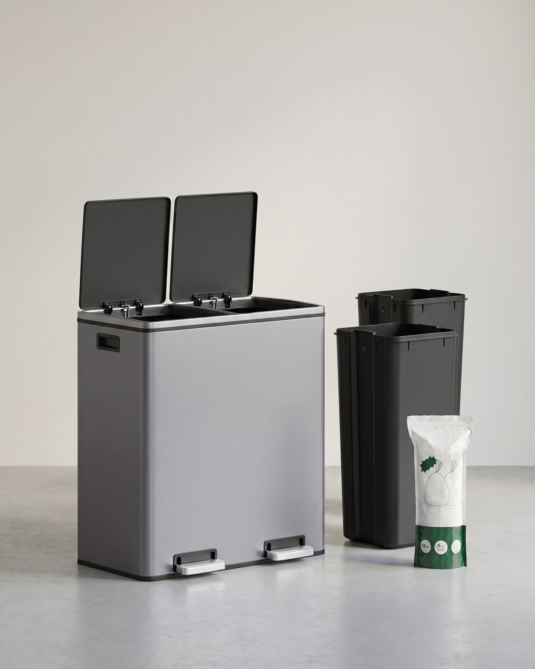 2-Fach Abfalleimer - 60 Liter Separater Abfalleimer - Treteimer - Mülltrennung – Grau