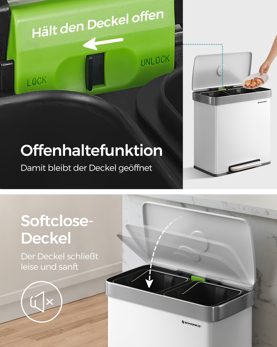 Mülltrennung Mülleimer 2 x 30 L - Treteimer Mit 2 Fächern - Für Küche