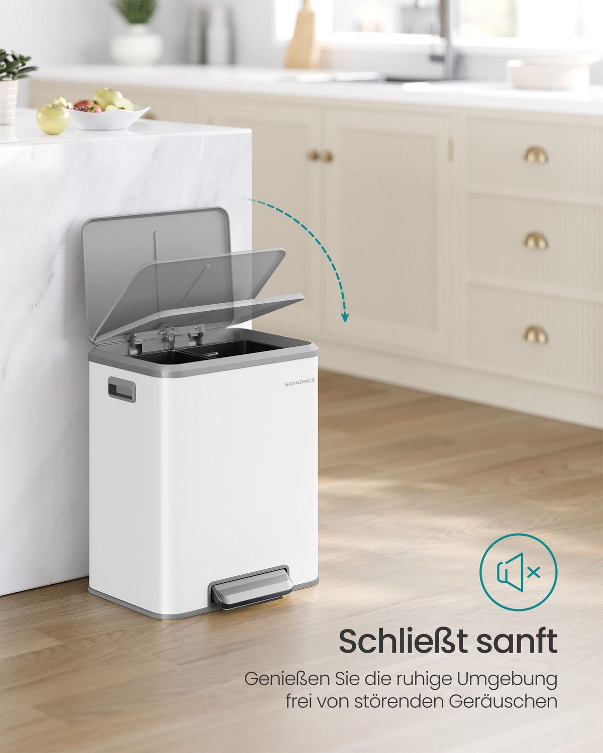 2-Fach-Abfalleimer – 2 x 15L – Pedalbedienung – Soft-Close – Kunststoff-Inneneimer