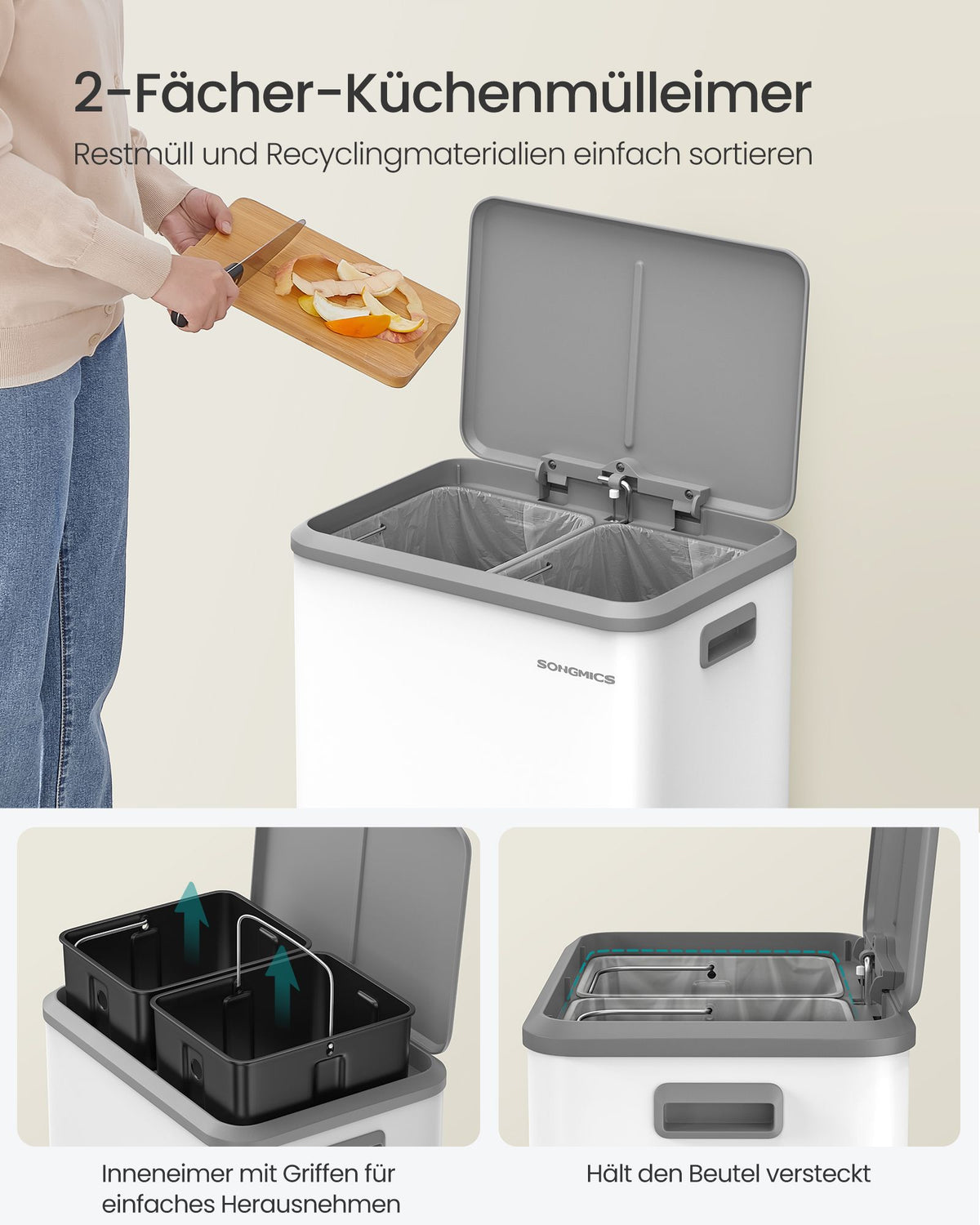 2-Fach-Abfalleimer – 2 x 15L – Pedalbedienung – Soft-Close – Kunststoff-Inneneimer