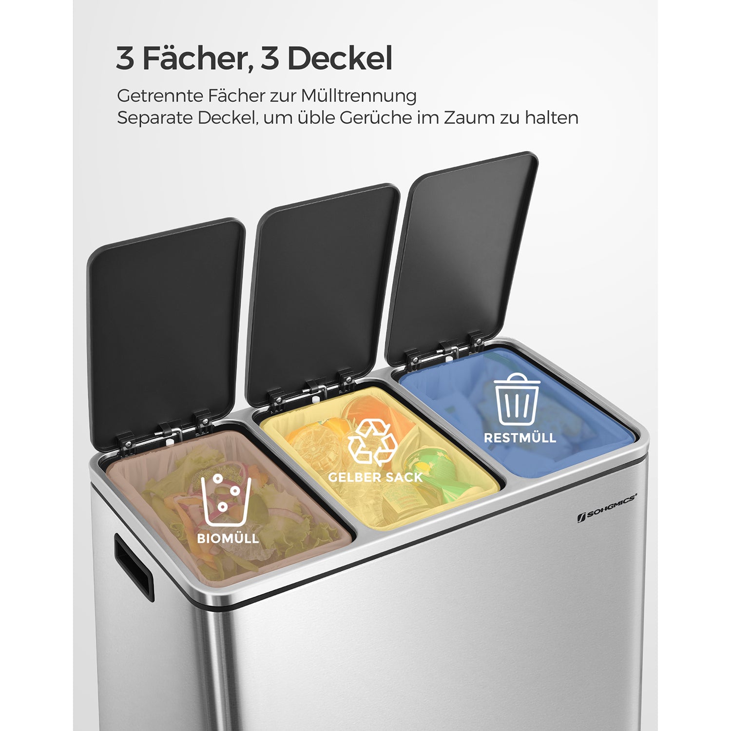 54L Abfalleimer - 3-Fach Abfalleimer - Treteimer - Abfalleimer 3 x 18L