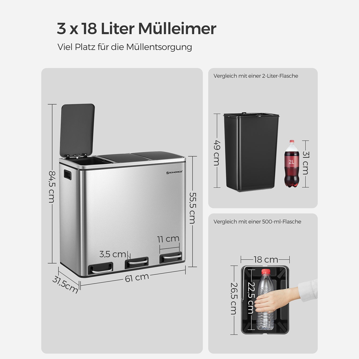 54L Abfalleimer - 3-Fach Abfalleimer - Treteimer - Abfalleimer 3 x 18L