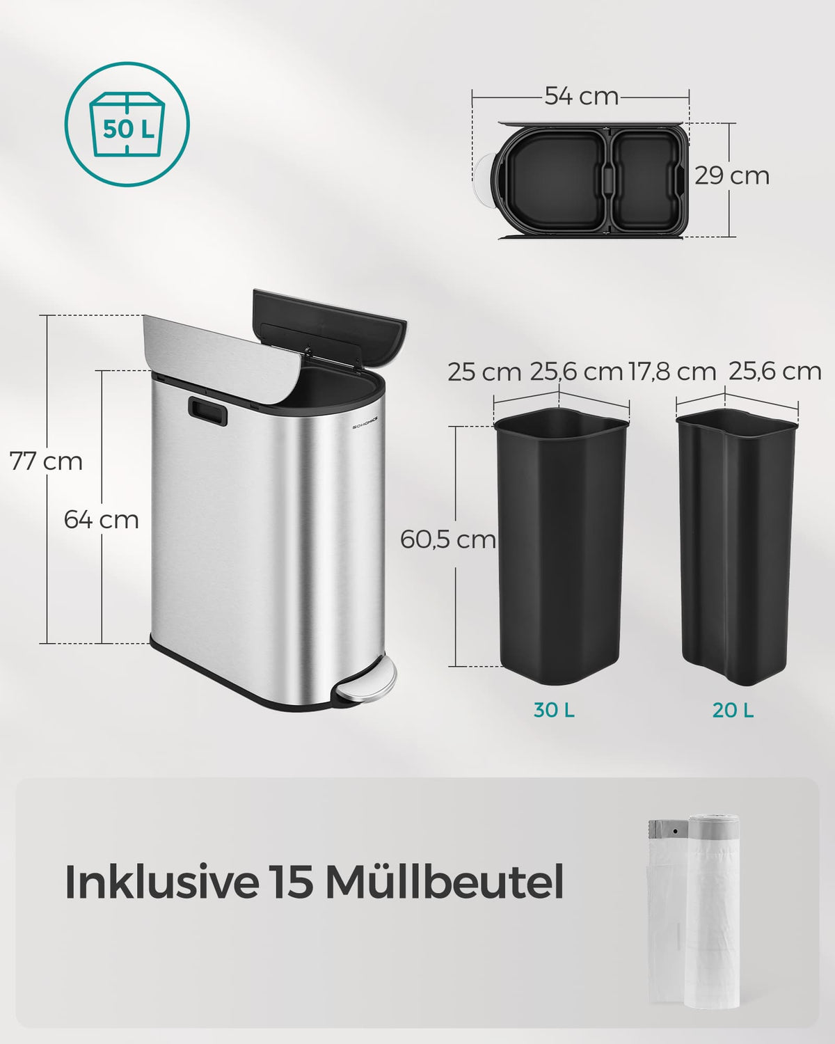 Treteimer mit 2 Fächern 50L - Abfalleimer