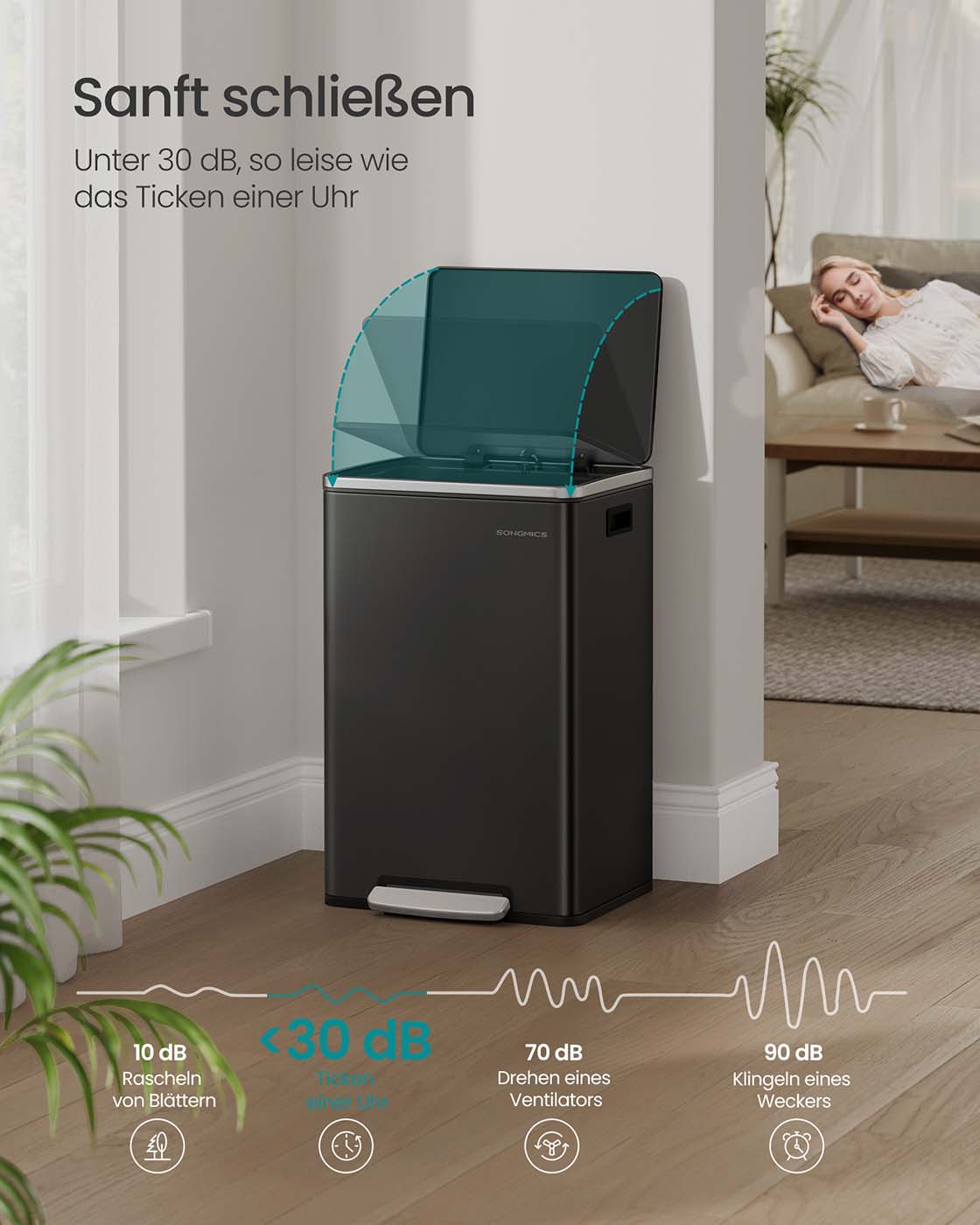 Treteimer – 50 Liter – Deckel mit Soft-Close-Funktion – Herausnehmbarer Inneneimer – Inklusive 15 Beutel