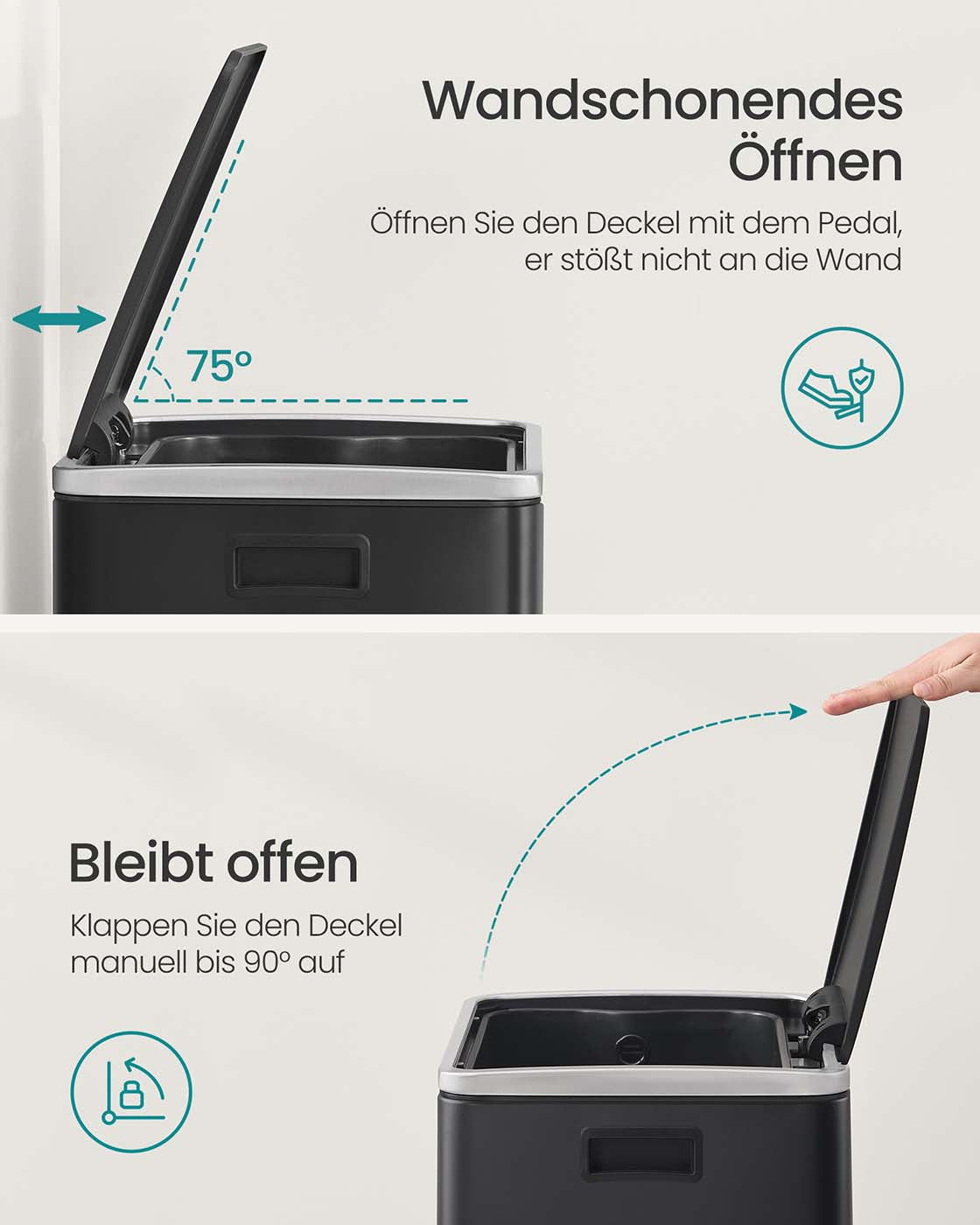Treteimer – 50 Liter – Deckel mit Soft-Close-Funktion – Herausnehmbarer Inneneimer – Inklusive 15 Beutel