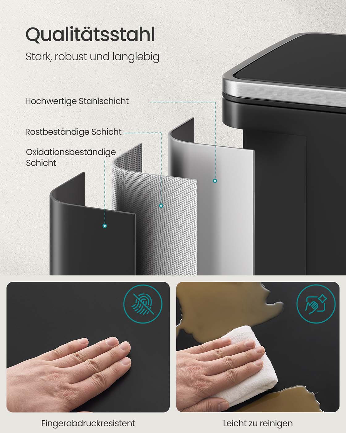 Treteimer – 50 Liter – Deckel mit Soft-Close-Funktion – Herausnehmbarer Inneneimer – Inklusive 15 Beutel