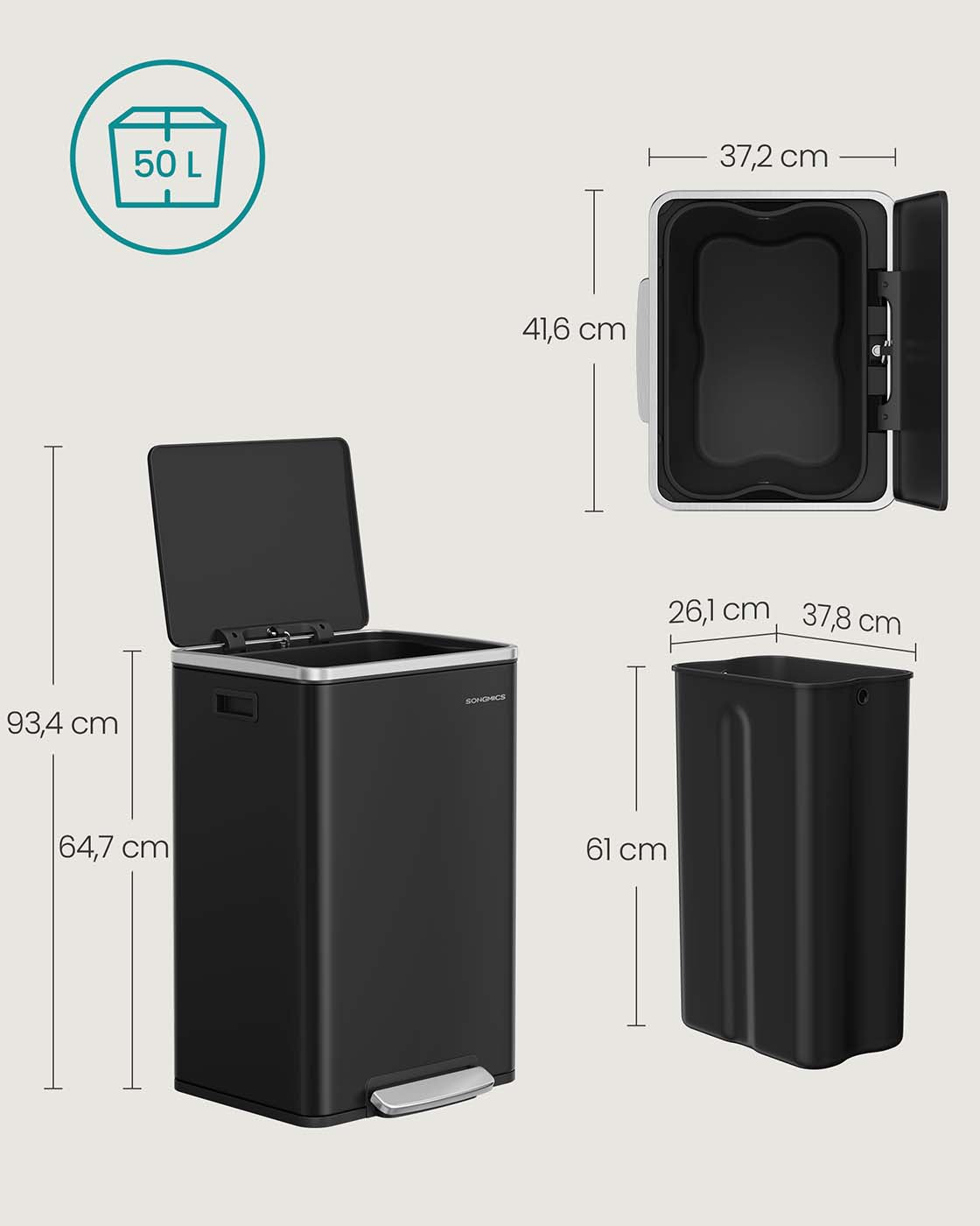 Treteimer – 50 Liter – Deckel mit Soft-Close-Funktion – Herausnehmbarer Inneneimer – Inklusive 15 Beutel
