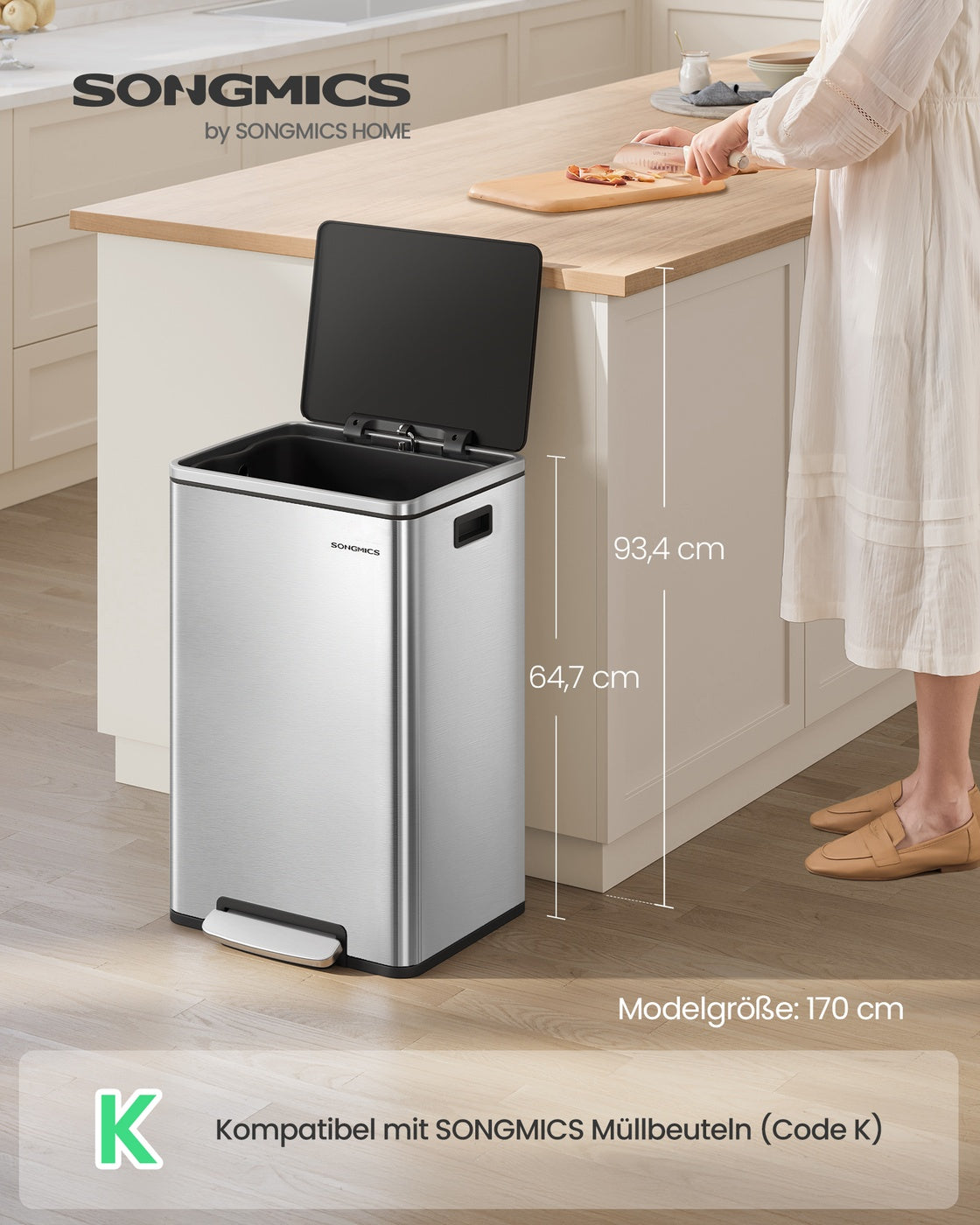 Treteimer – 50 Liter – Deckel mit Soft-Close-Funktion – Herausnehmbarer Inneneimer – Inklusive 15 Beutel