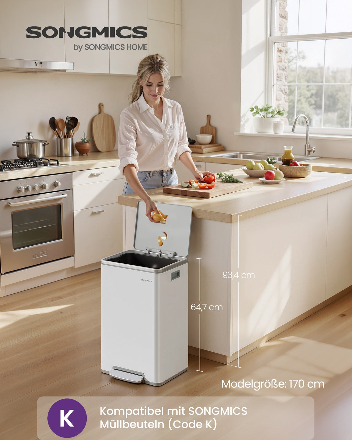 Treteimer – 50 Liter – Deckel mit Soft-Close-Funktion – Herausnehmbarer Inneneimer – Inklusive 15 Beutel