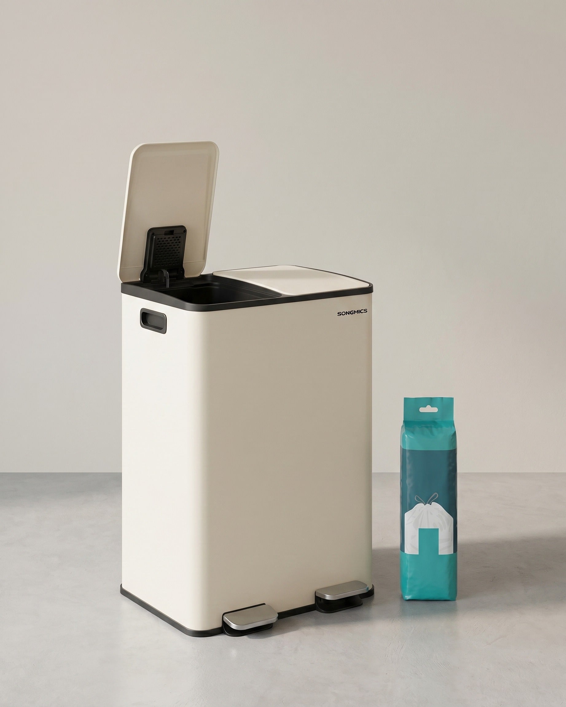 Doppelter Abfalleimer 2 x 30L – Stahl – Mit Pedalen & herausnehmbaren Inneneimern – Creme