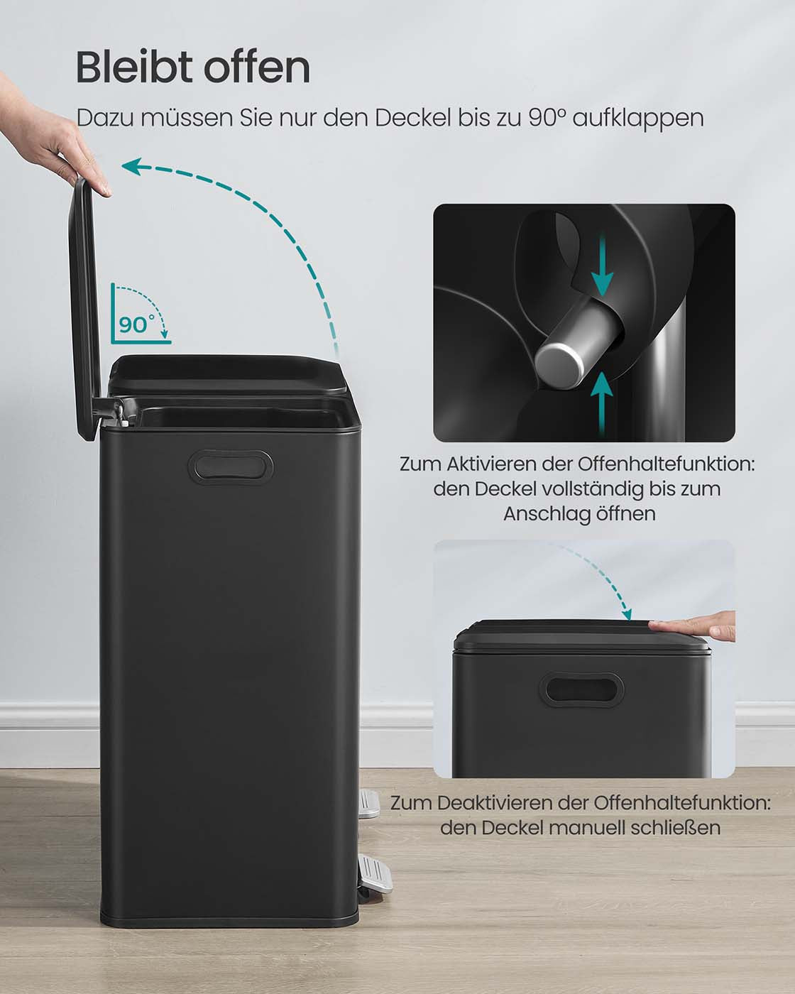Abfalleimer mit 2 Kammern – Fußpedal – Deckel mit Soft-Close-Funktion – Geruchsfilter – 2 x 30 l – Stahl