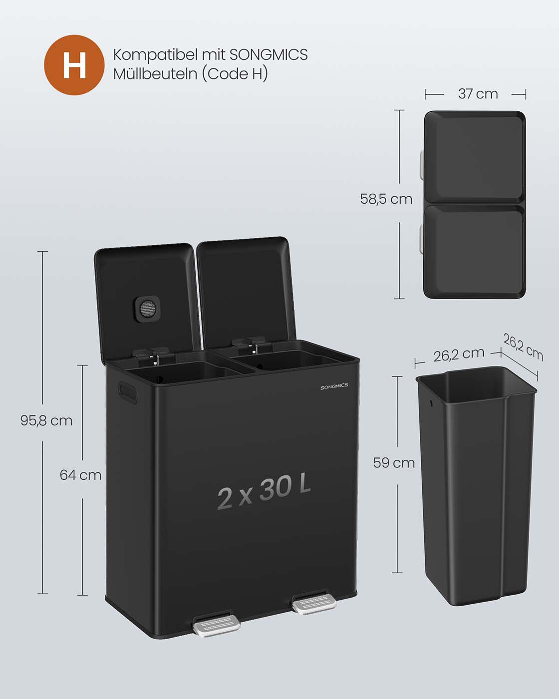 Abfalleimer mit 2 Kammern – Fußpedal – Deckel mit Soft-Close-Funktion – Geruchsfilter – 2 x 30 l – Stahl