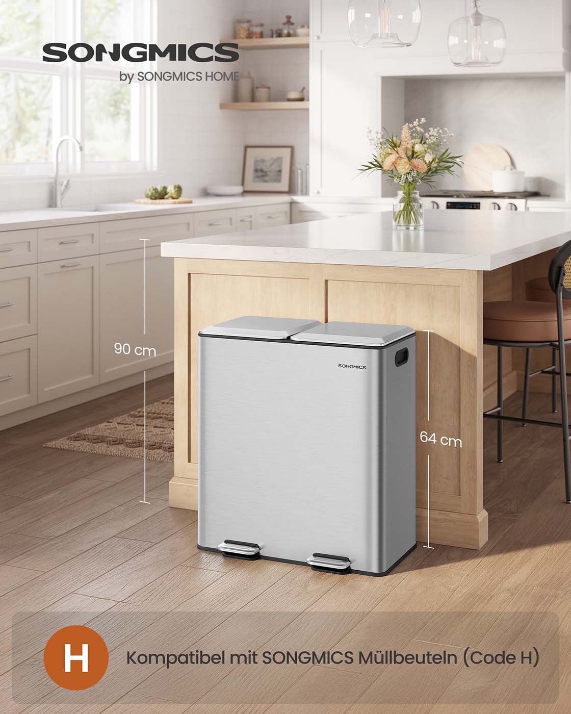 Abfalleimer mit 2 Kammern – Fußpedal – Deckel mit Soft-Close-Funktion – Geruchsfilter – 2 x 30 l – Stahl