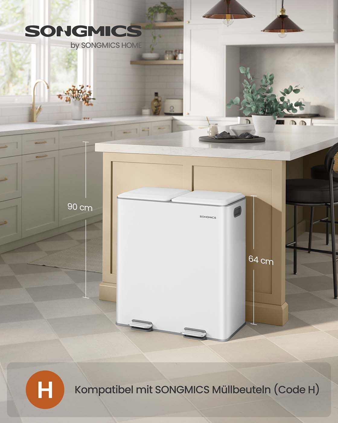 Abfalleimer mit 2 Kammern – Fußpedal – Deckel mit Soft-Close-Funktion – Geruchsfilter – 2 x 30 l – Stahl