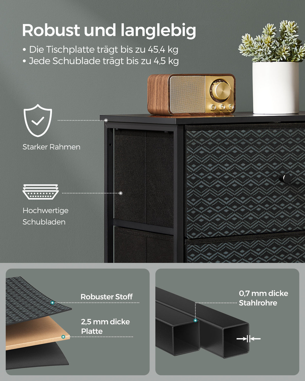 Schwarz-weiße Kommode – Aufbewahrungsschrank mit 5 Stoffschubladen – Geometrisches Design – Metallrahmen – 99 cm hoch – Bis zu 63,5 kg belastbar