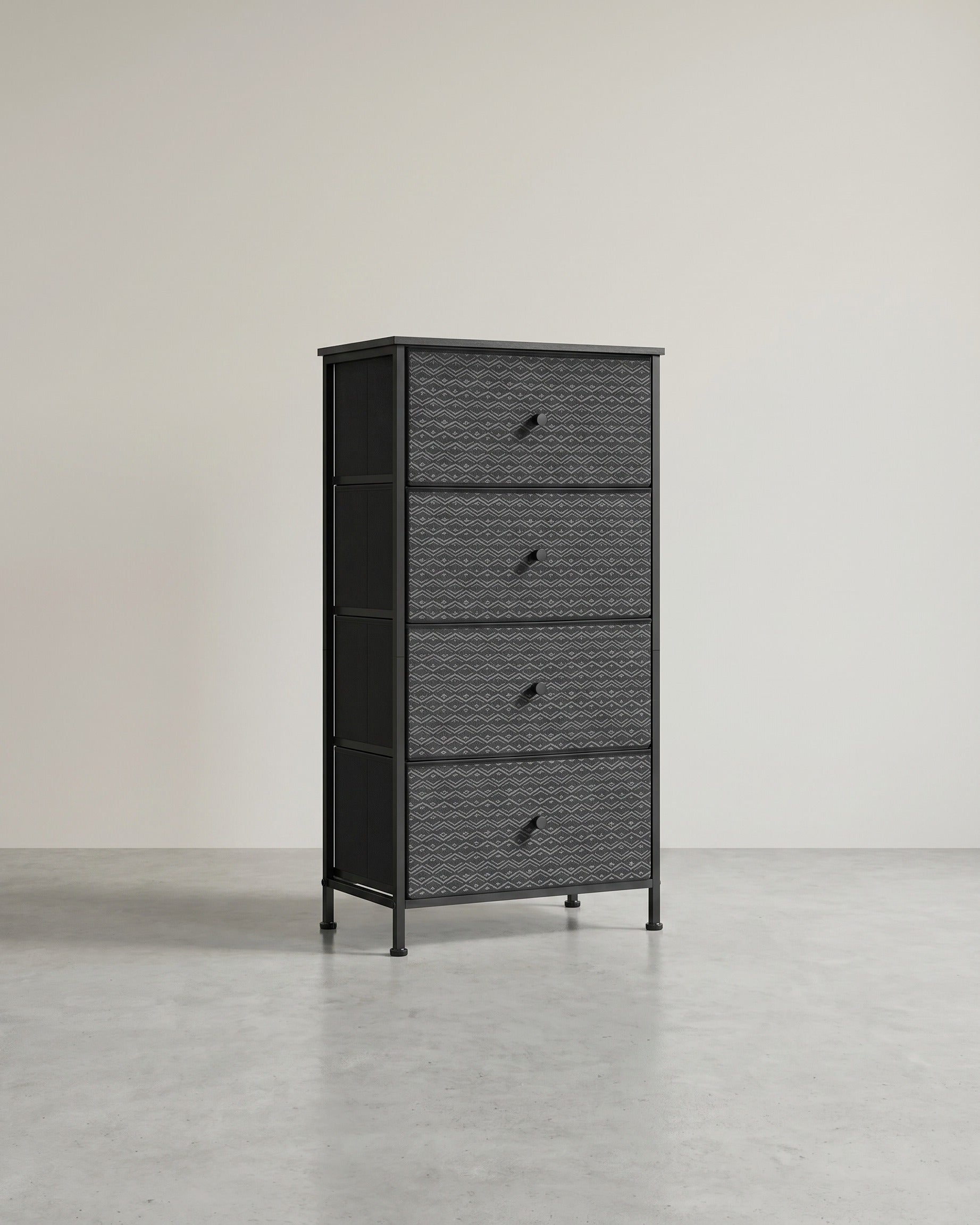 Schwarz-weiße Kommode – Aufbewahrungsschrank mit 5 Stoffschubladen – Geometrisches Design – Metallrahmen – 99 cm hoch – Bis zu 63,5 kg belastbar