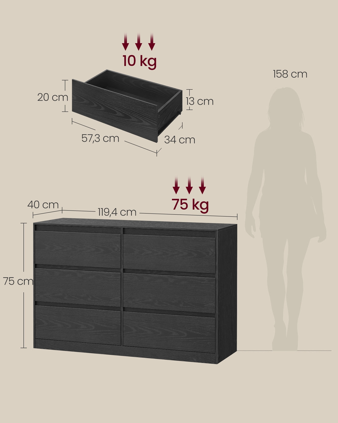 Moderne Kommode – 6 Schubladen – Anrichte – KAILYN-Kollektion