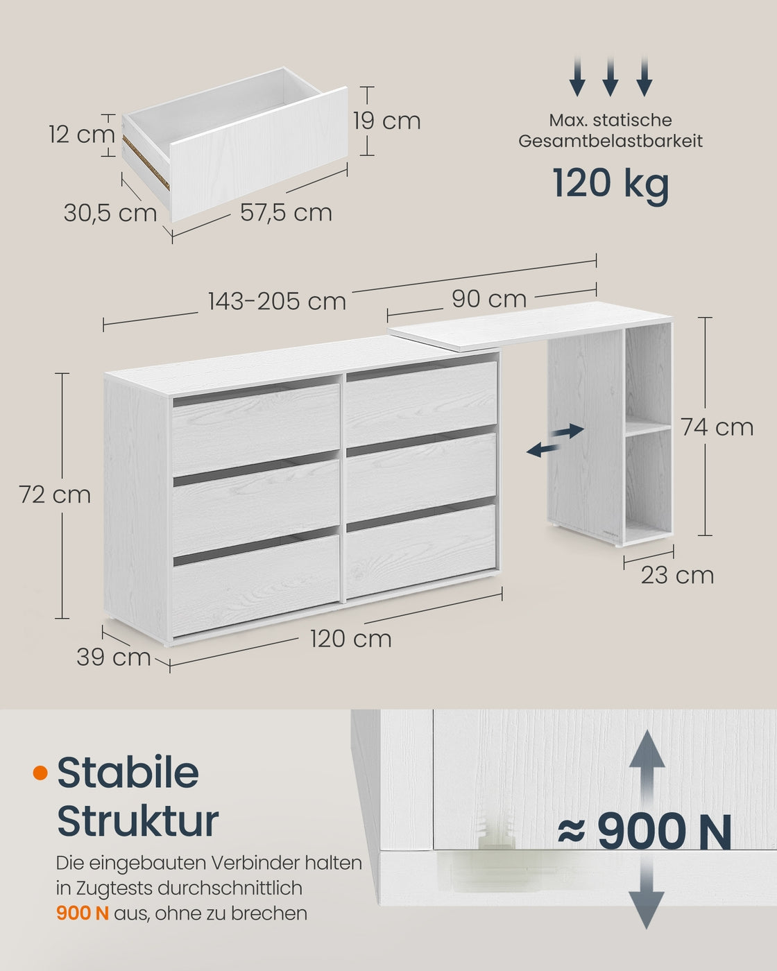 Schminktisch mit 6 Schubladen - Verstellbarer Schrank - L-Form
