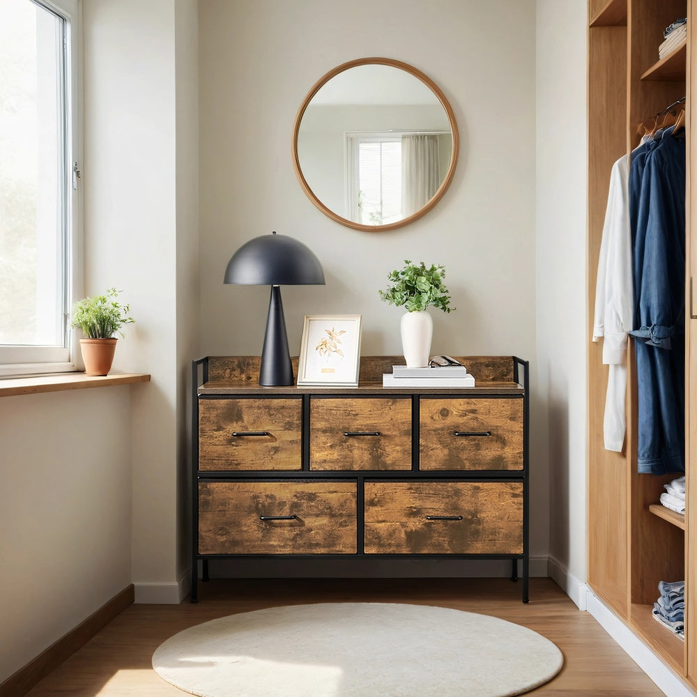 Kommode mit 5 Stoffschubladen – Schrank für Schlaf- oder Wohnzimmer – mit Seitenleisten und erhöhtem Rand – 98 cm breit