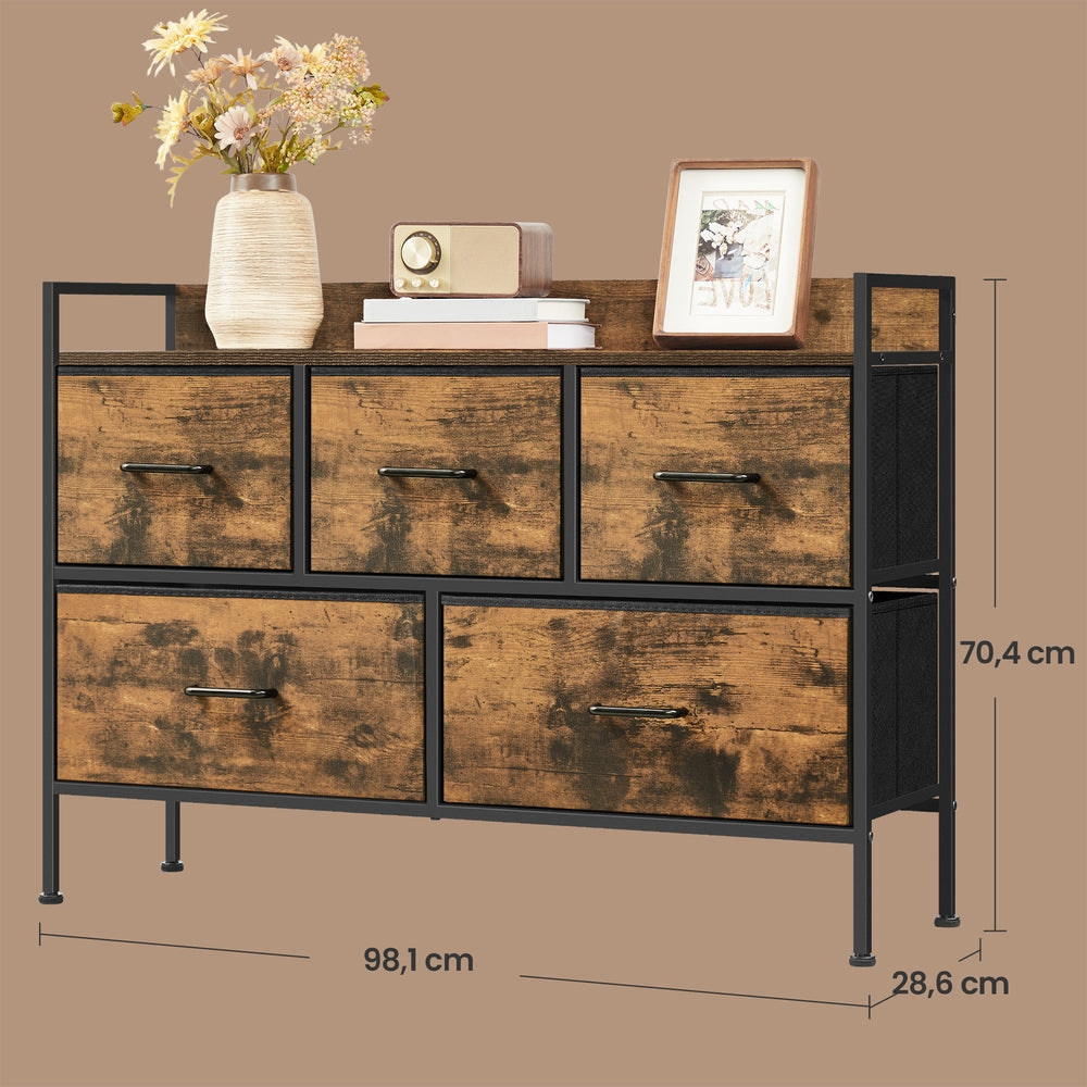 Kommode mit 5 Stoffschubladen – Schrank für Schlaf- oder Wohnzimmer – mit Seitenleisten und erhöhtem Rand – 98 cm breit