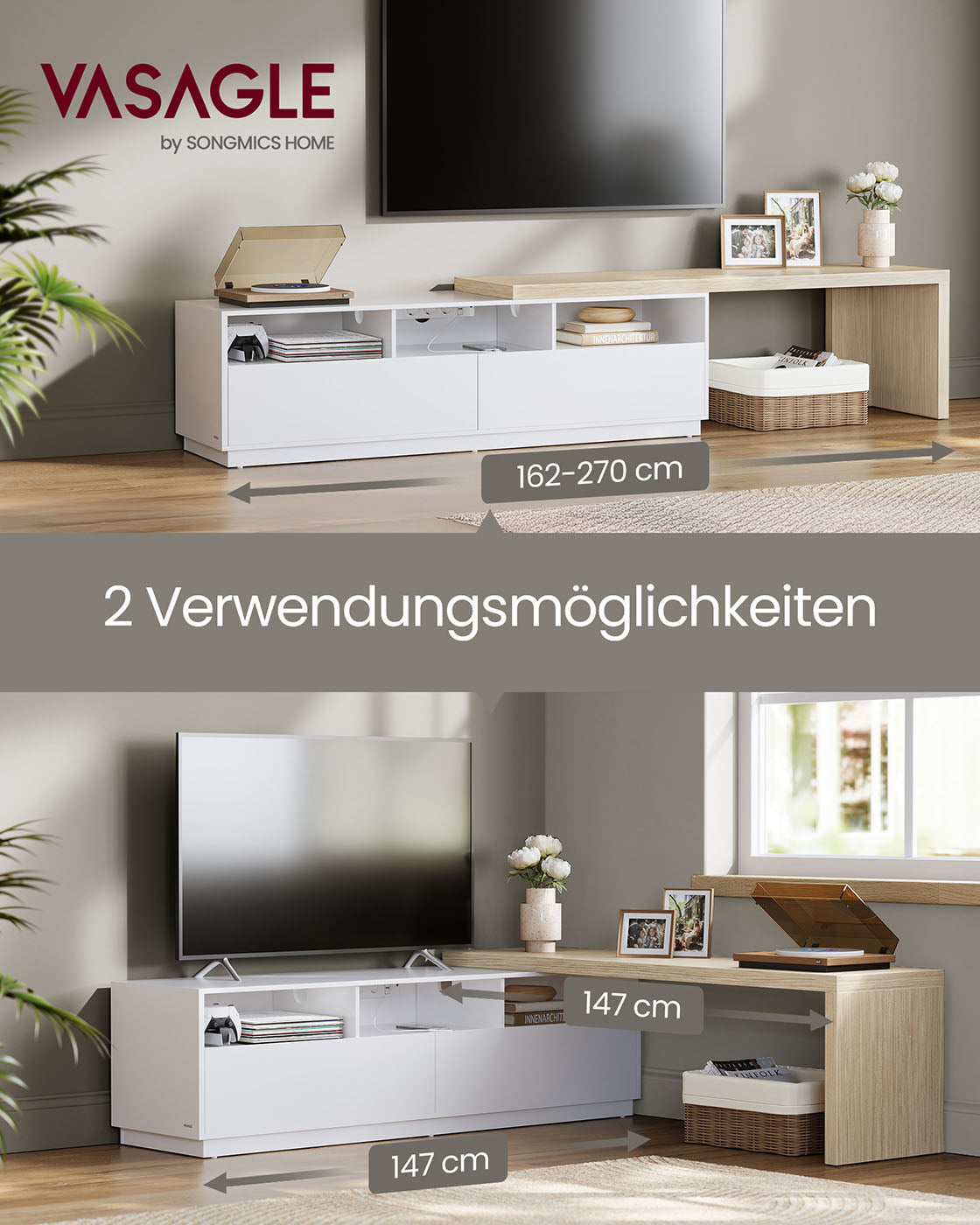 Ausziehbarer TV-Ständer – Mit LED-Beleuchtung & Ladestation – Für Fernseher bis 65 Zoll – Verstellbare Länge 162-270 cm – Weiß/Beige