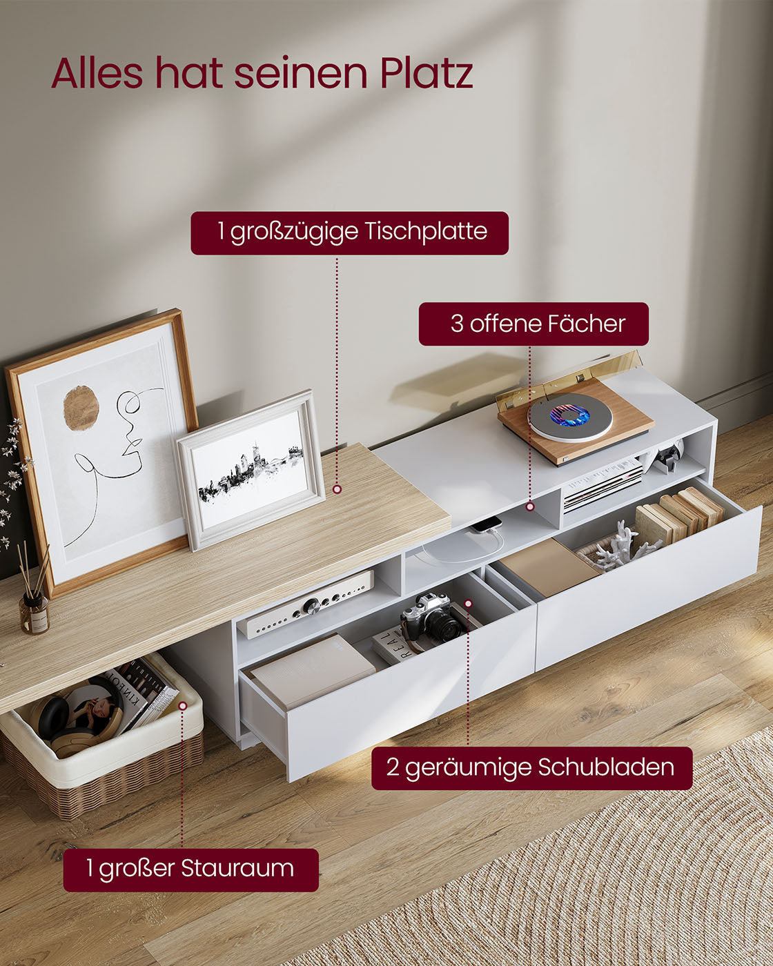 Ausziehbarer TV-Ständer – Mit LED-Beleuchtung & Ladestation – Für Fernseher bis 65 Zoll – Verstellbare Länge 162-270 cm – Weiß/Beige