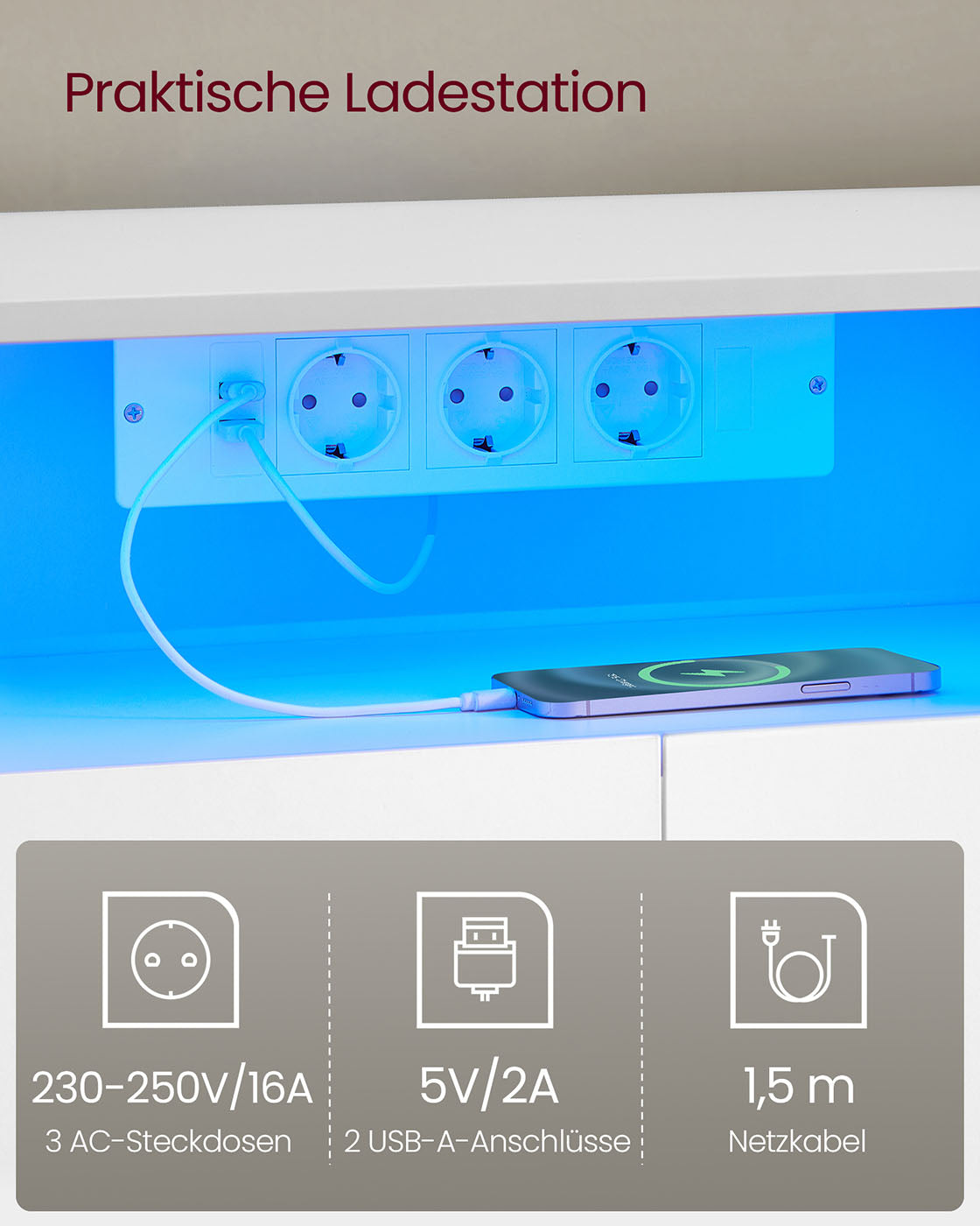 Ausziehbarer TV-Ständer – Mit LED-Beleuchtung & Ladestation – Für Fernseher bis 65 Zoll – Verstellbare Länge 162-270 cm – Weiß/Beige