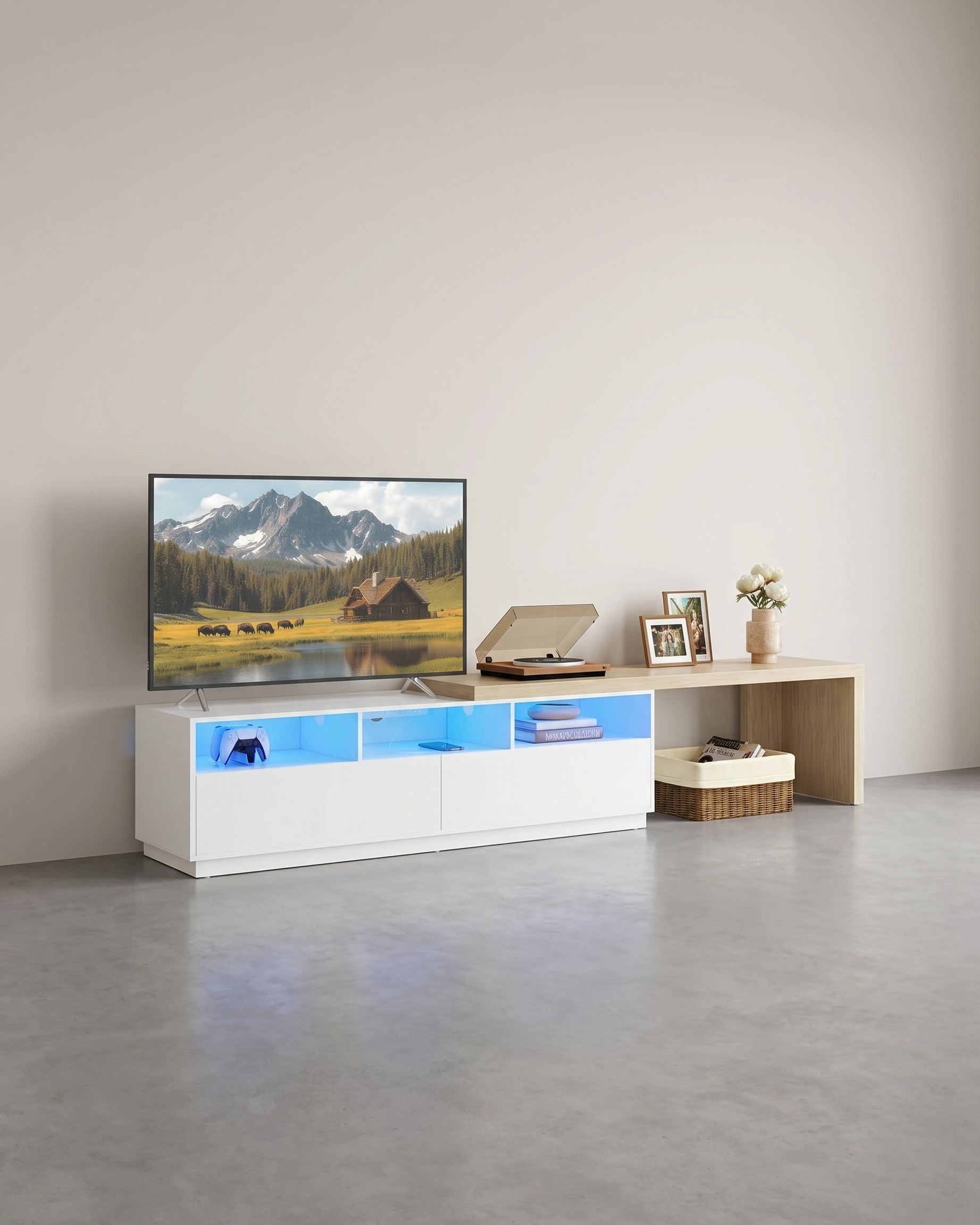 Ausziehbarer TV-Ständer – Mit LED-Beleuchtung & Ladestation – Für Fernseher bis 65 Zoll – Verstellbare Länge 162-270 cm – Weiß/Beige