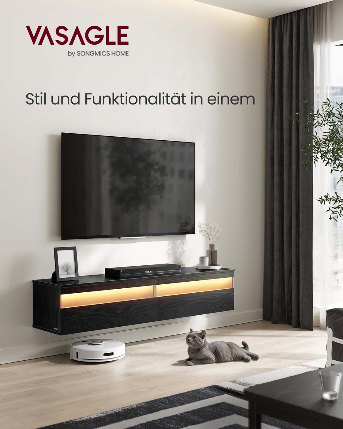 Schwebender TV-Ständer – Mit LED-Beleuchtung und Ladestation – Inkl. Wandmontage