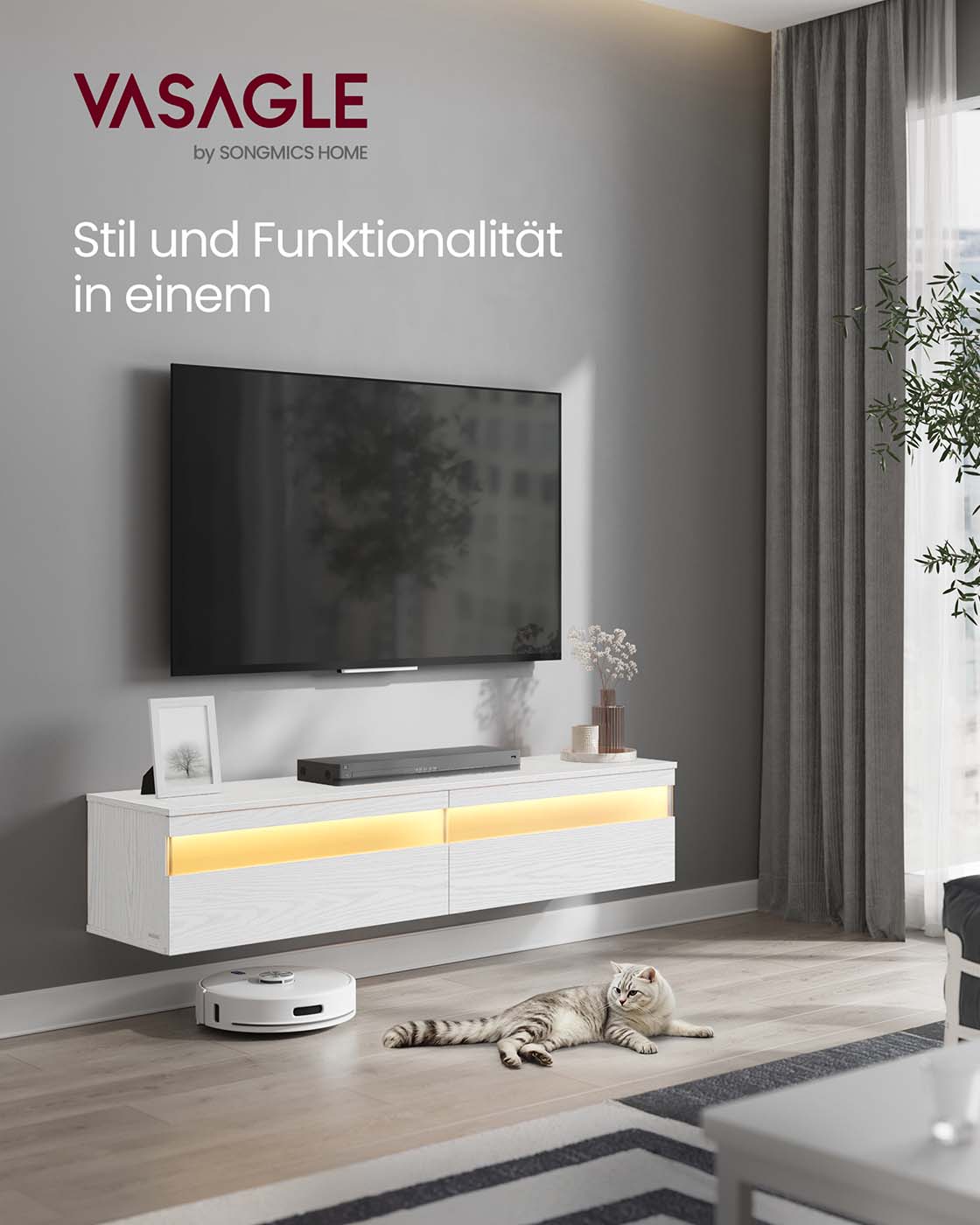 Schwebender TV-Ständer – Mit LED-Beleuchtung und Ladestation – Inkl. Wandmontage