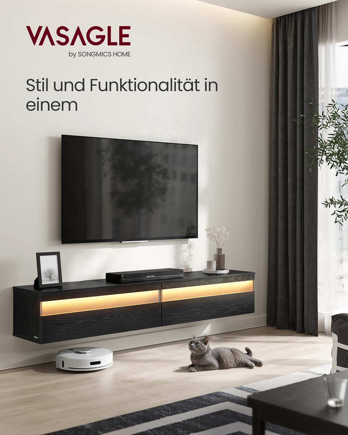 Schwebender TV-Ständer – Mit LED-Beleuchtung und Ladestation – Inkl. Wandmontage