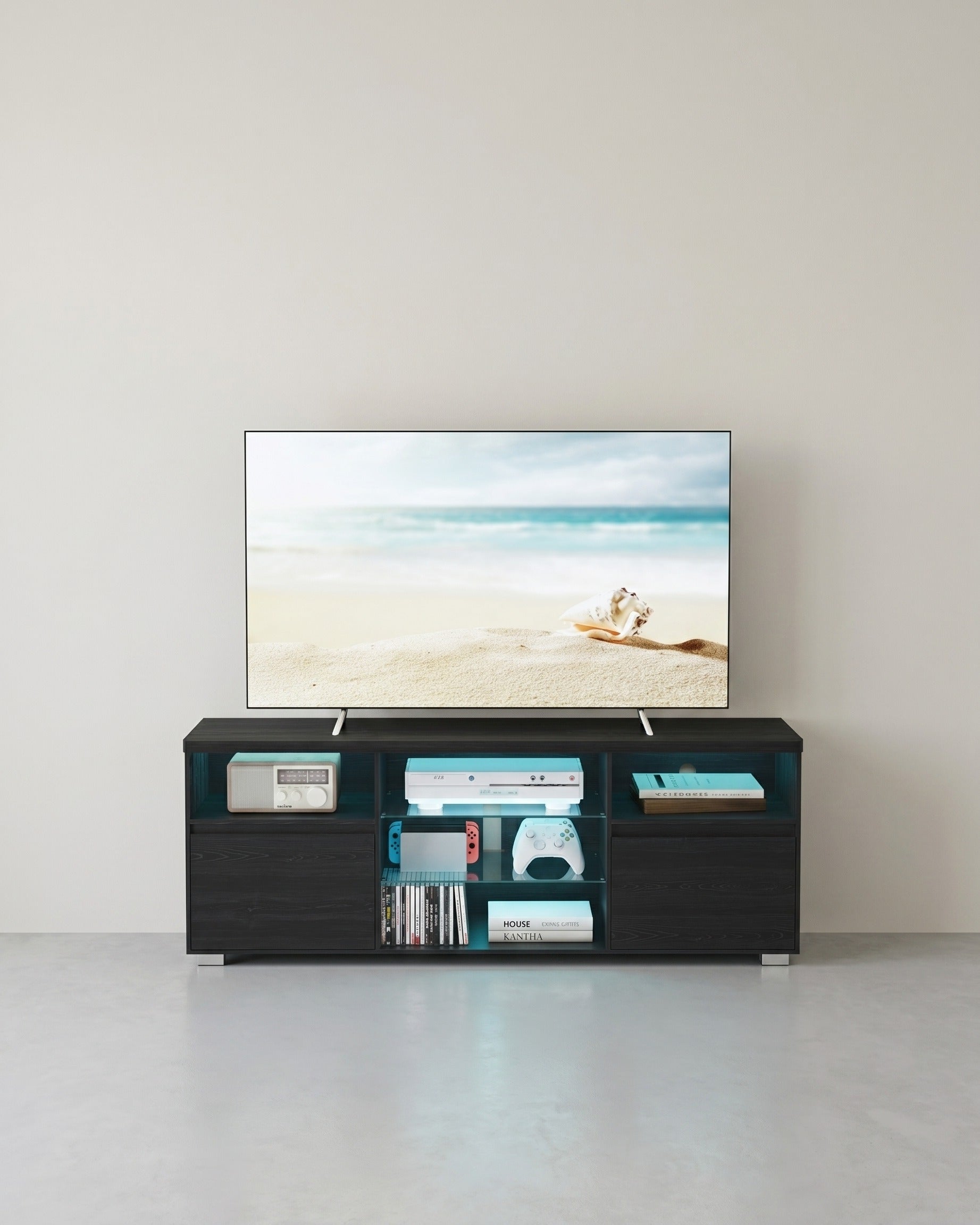 TV-Schrank mit LED-Beleuchtung und verstellbarem Stauraum – Schwarz