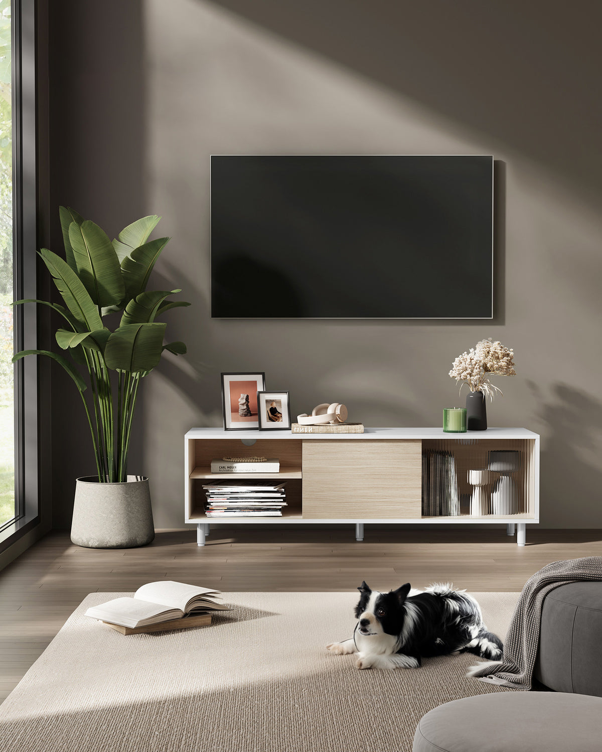 TV-Schrank für Fernseher bis 60 Zoll – modern Schwarz/Weiß mit Glastür – werkzeuglose Montage – TV-Lowboard mit Stauraum