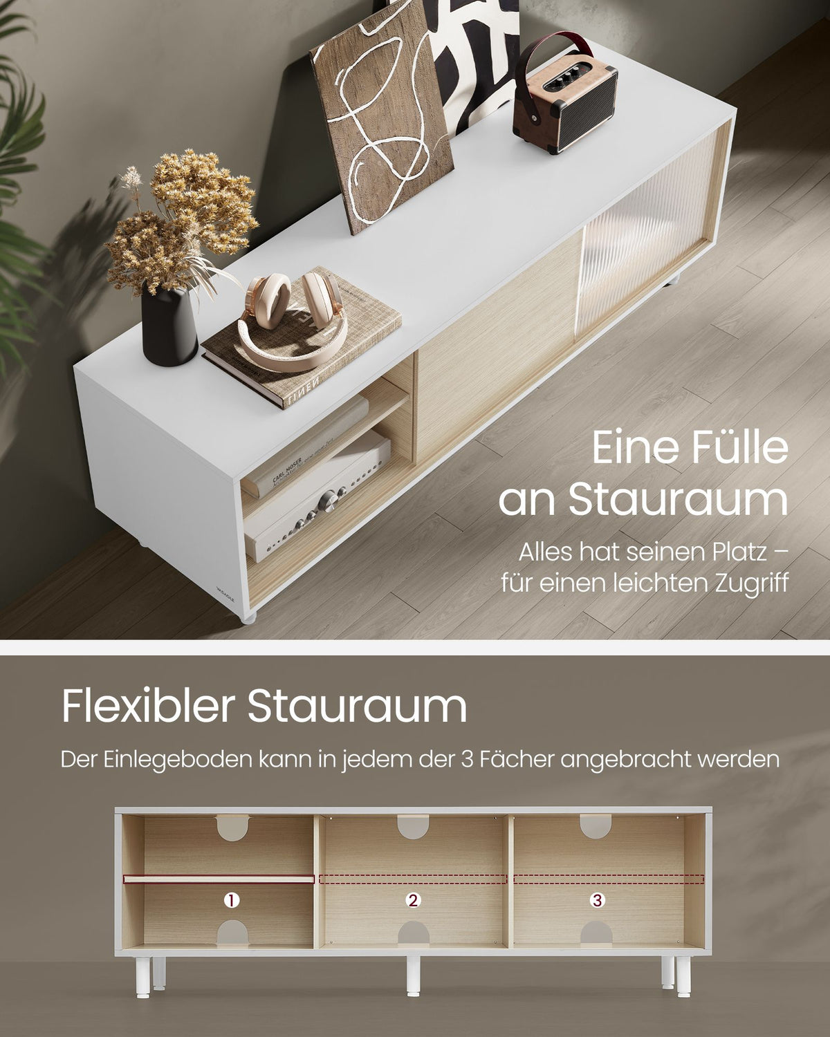 TV-Schrank für Fernseher bis 60 Zoll – modern Schwarz/Weiß mit Glastür – werkzeuglose Montage – TV-Lowboard mit Stauraum