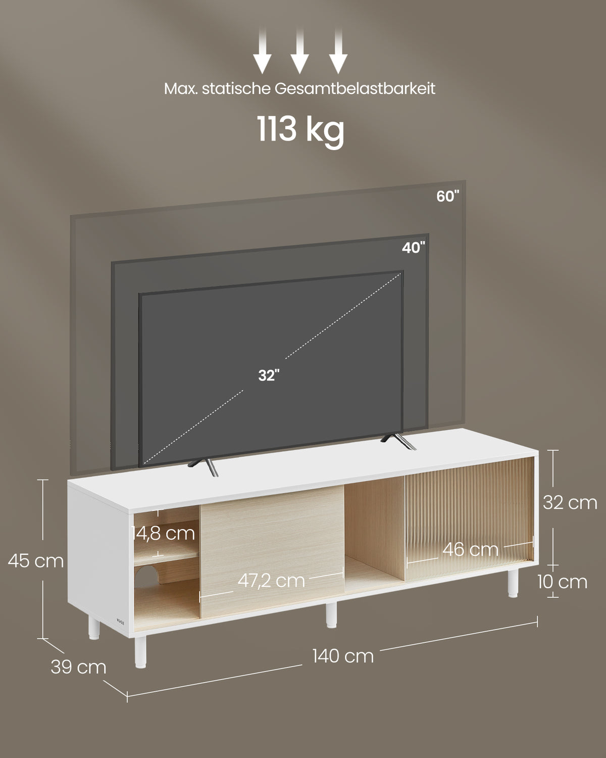 TV-Schrank für Fernseher bis 60 Zoll – modern Schwarz/Weiß mit Glastür – werkzeuglose Montage – TV-Lowboard mit Stauraum