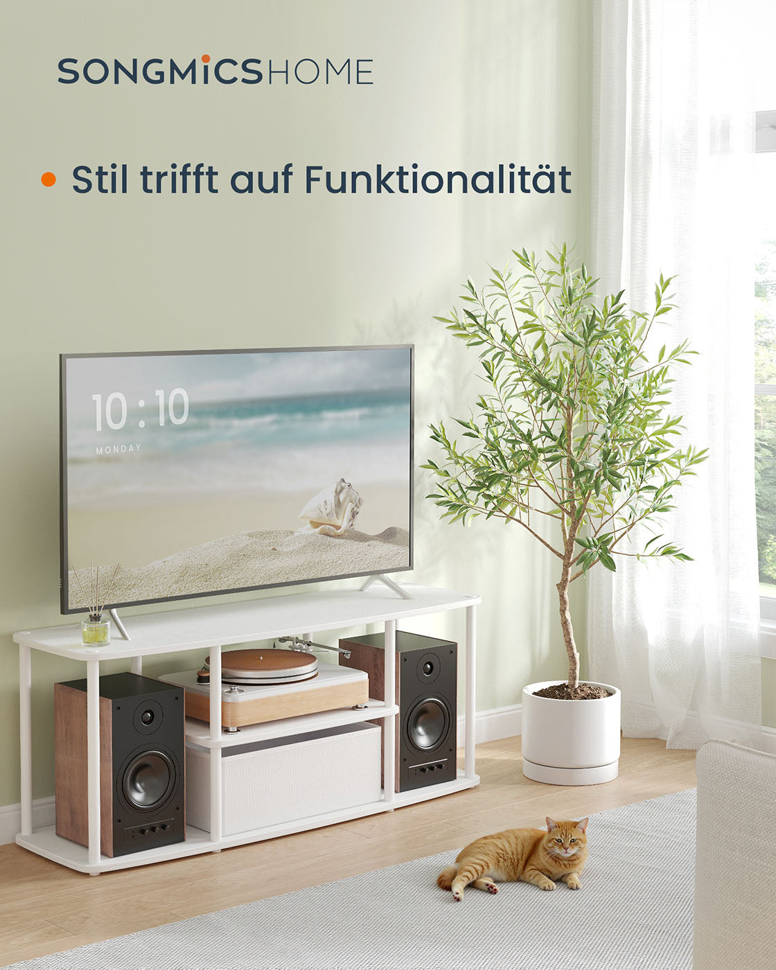 TV-Schrank 110 cm – Weiß – 3 Ebenen – Werkzeuglose Montage – Mit Stoffschublade – Tragkraft bis 98 kg