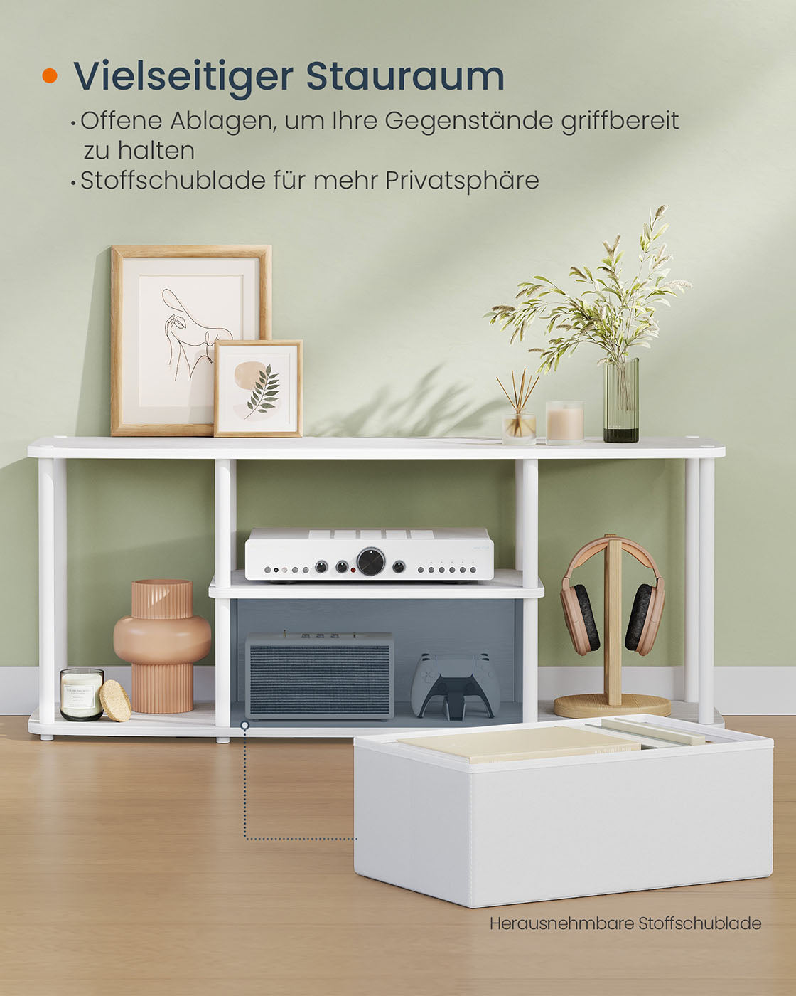 TV-Schrank 110 cm – Weiß – 3 Ebenen – Werkzeuglose Montage – Mit Stoffschublade – Tragkraft bis 98 kg
