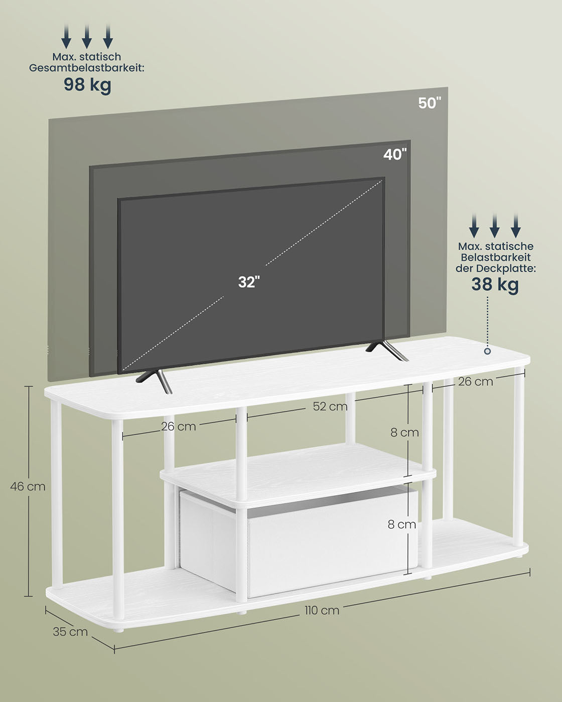 TV-Schrank 110 cm – Weiß – 3 Ebenen – Werkzeuglose Montage – Mit Stoffschublade – Tragkraft bis 98 kg