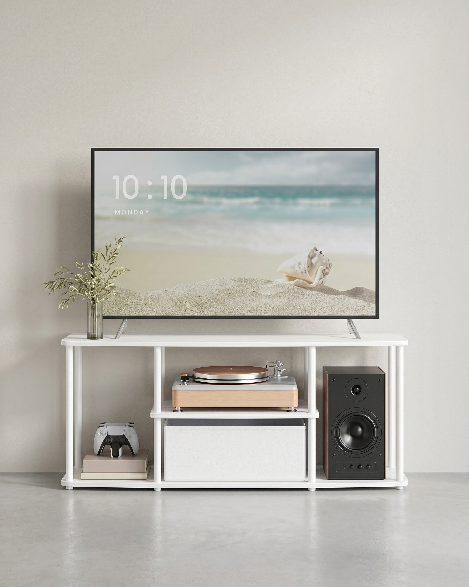 TV-Schrank 110 cm – Weiß – 3 Ebenen – Werkzeuglose Montage – Mit Stoffschublade – Tragkraft bis 98 kg