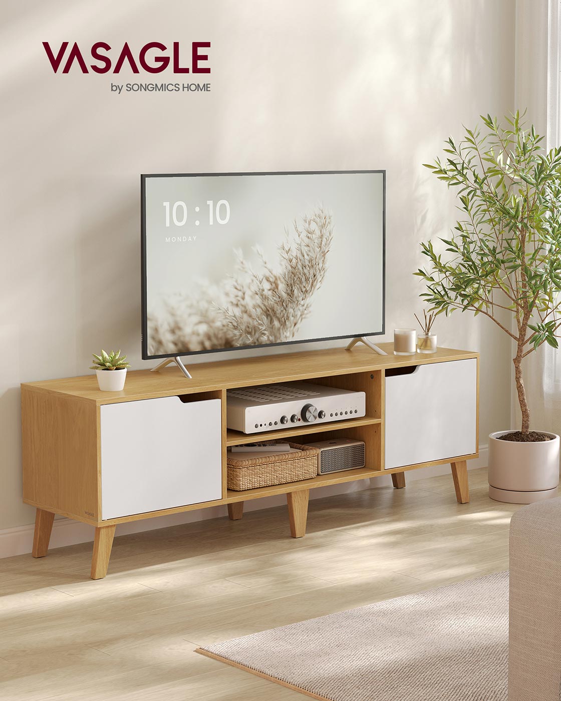 TV-Schrank bis 65 Zoll – skandinavisches Design – mit Stauraum und Kabelmanagement