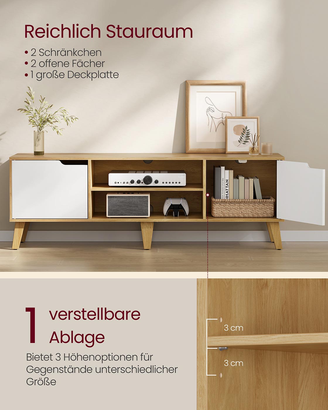 TV-Schrank bis 65 Zoll – skandinavisches Design – mit Stauraum und Kabelmanagement