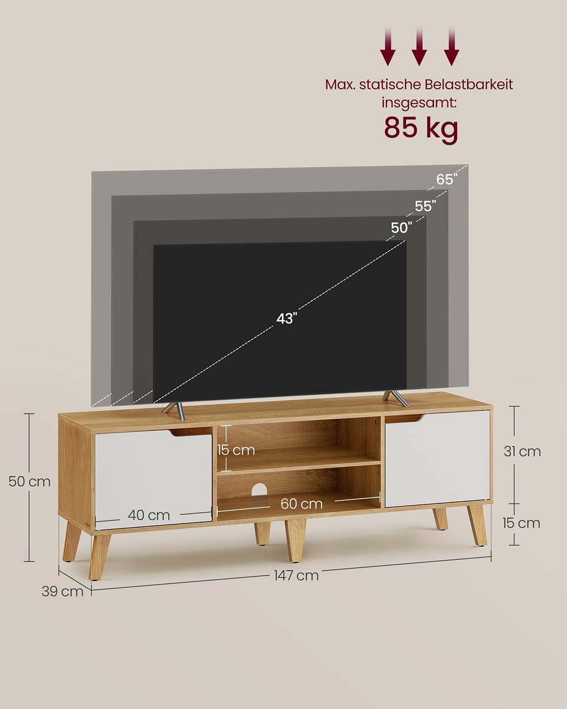 TV-Schrank bis 65 Zoll – skandinavisches Design – mit Stauraum und Kabelmanagement