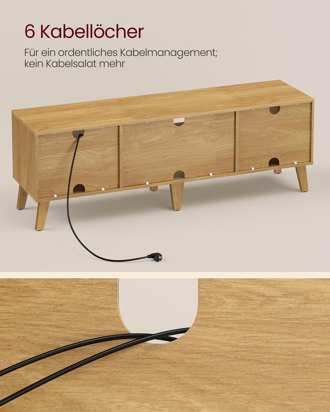 TV-Schrank bis 65 Zoll – skandinavisches Design – mit Stauraum und Kabelmanagement