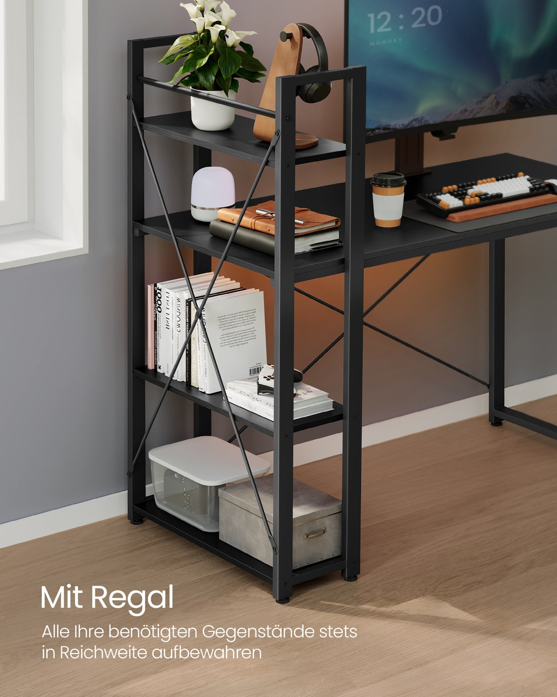 Schreibtisch mit Bücherregal – 120 cm breit – Flexible Regalmontage links oder rechts – Industriedesign – Bis zu 100 kg belastbar